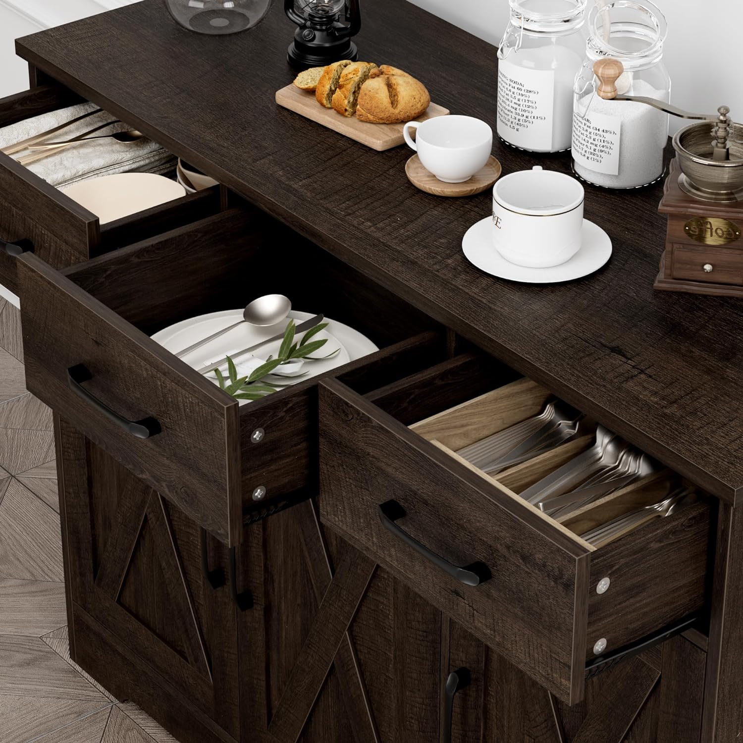 Modern farmhouse sideboard, barn door buffet storage cabinet with drawers and shelves, wooden coffee bar with storage