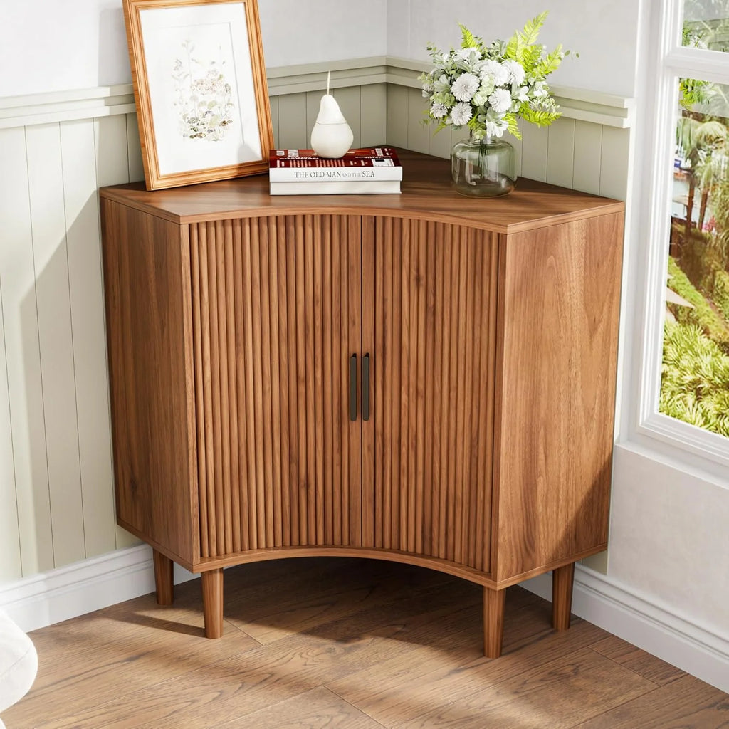 Fluted corner cabinet, small corner base cabinet modern wooden storage organizer