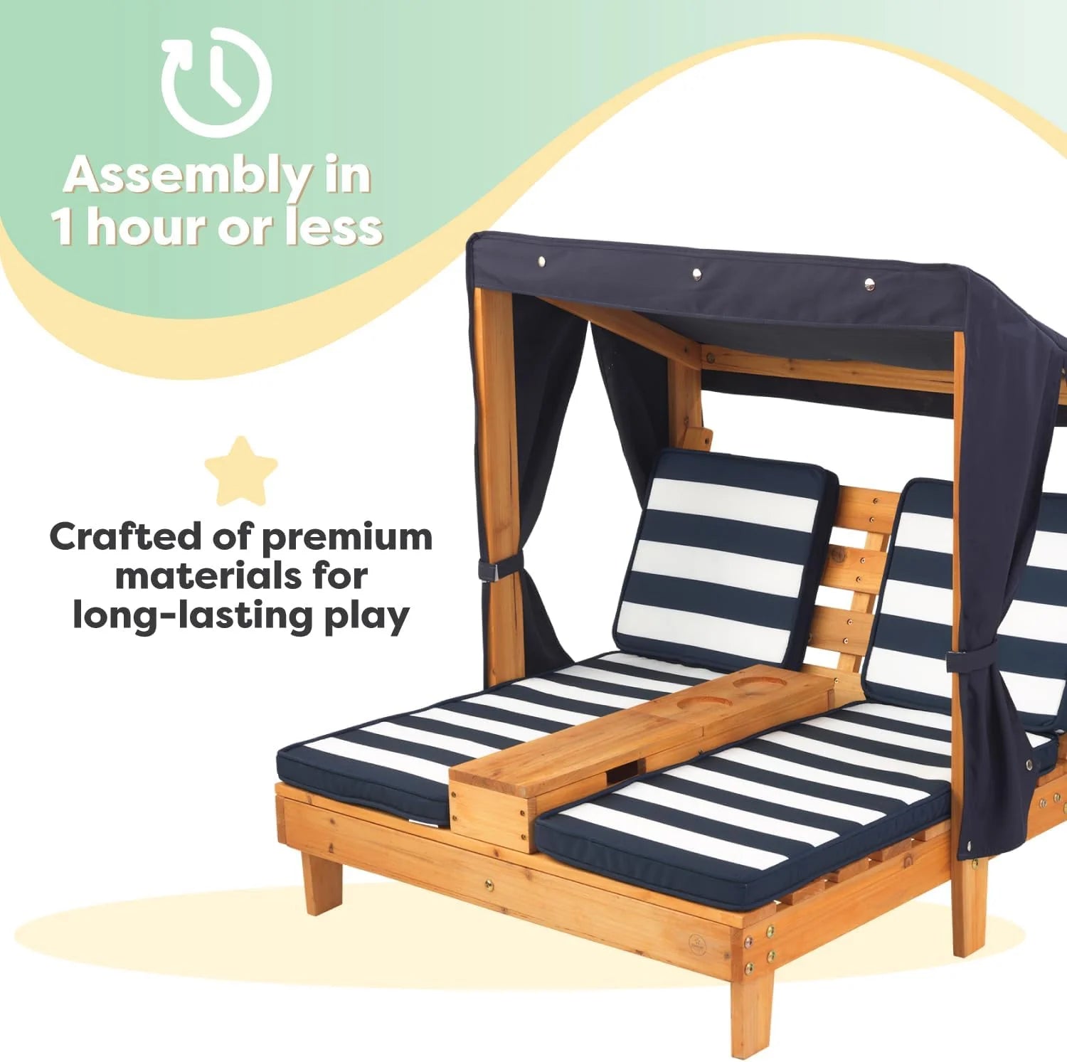 KidKraft Wooden Outdoor Double Chaise Lounge with Cup Holders, Kid's Patio Furniture, Honey with Navy and White Striped Fabric, Gift for Ages 3-8