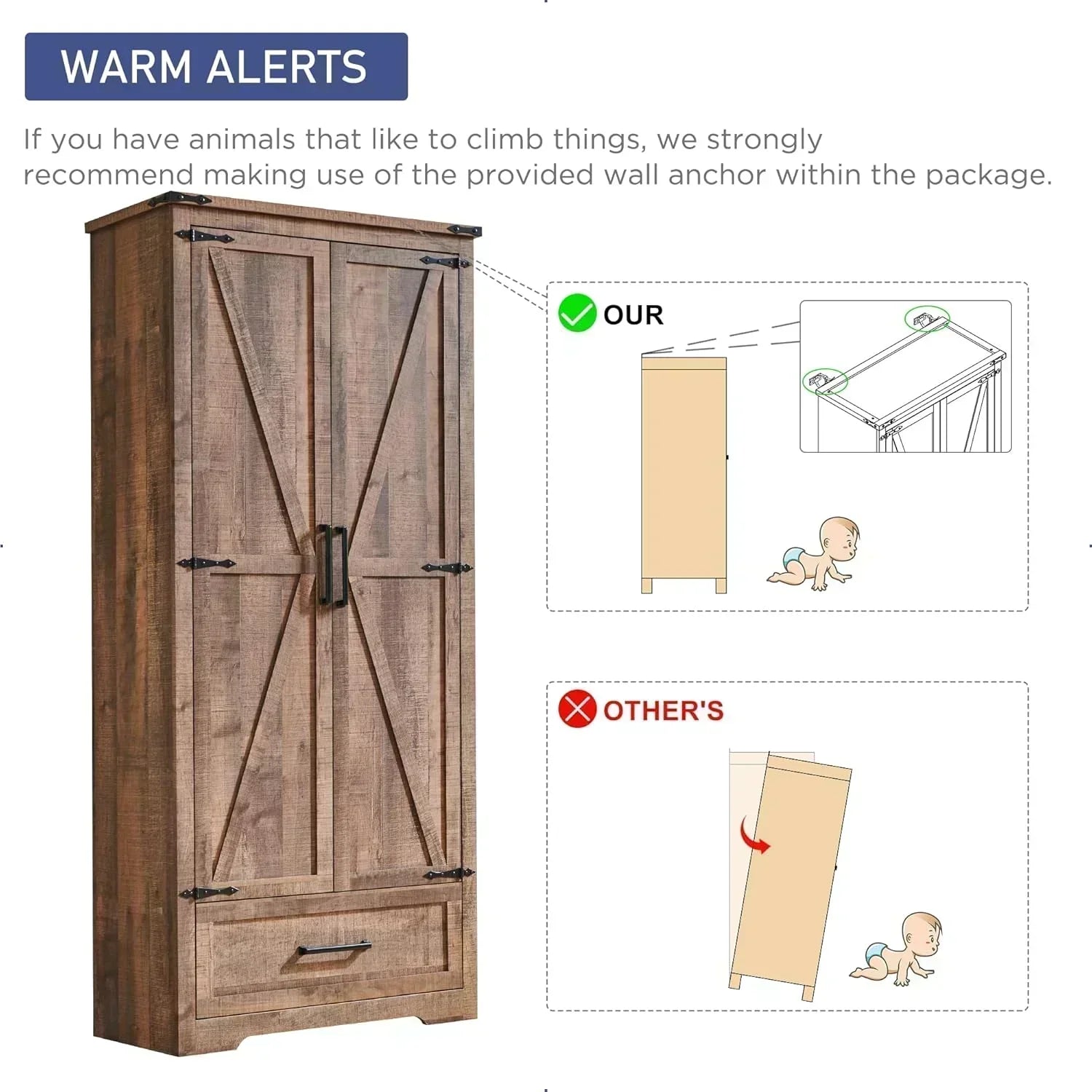 JXQTLINGMU Farmhouse Kitchen Pantry 72 Tall Wood Kitchen Storage Cabinet Adjustable Shelves