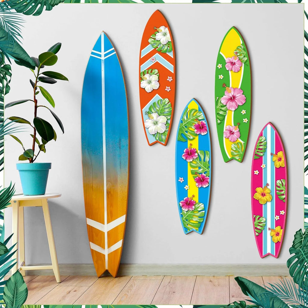 Blulu 4 Pcs Surfboard Wall Decor Surfboard Wall Hanging Sign Wooden Beach Decoration Summer Theme Decor Hawaiian Luau Party Decoration for Home Bar Aloha Tropical Birthday Party(Tiki)