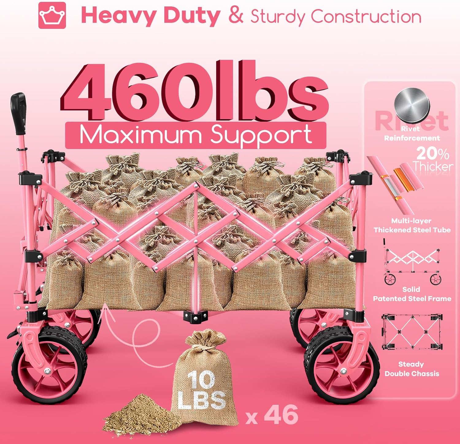 38 long foldable four-wheel stroller, foldable, 460 lb capacity, 220 liter heavy-duty folding beach stroller with large all-terrain tires