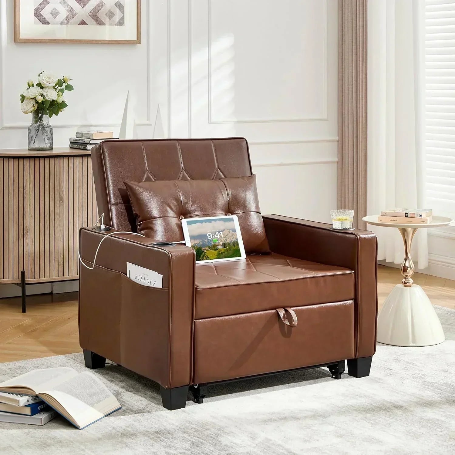 Adult Convertible Sleeper Chair Bed 3-in-1 Pull-Out Sofa Bed with USB/Type-C Ports Cup Holders