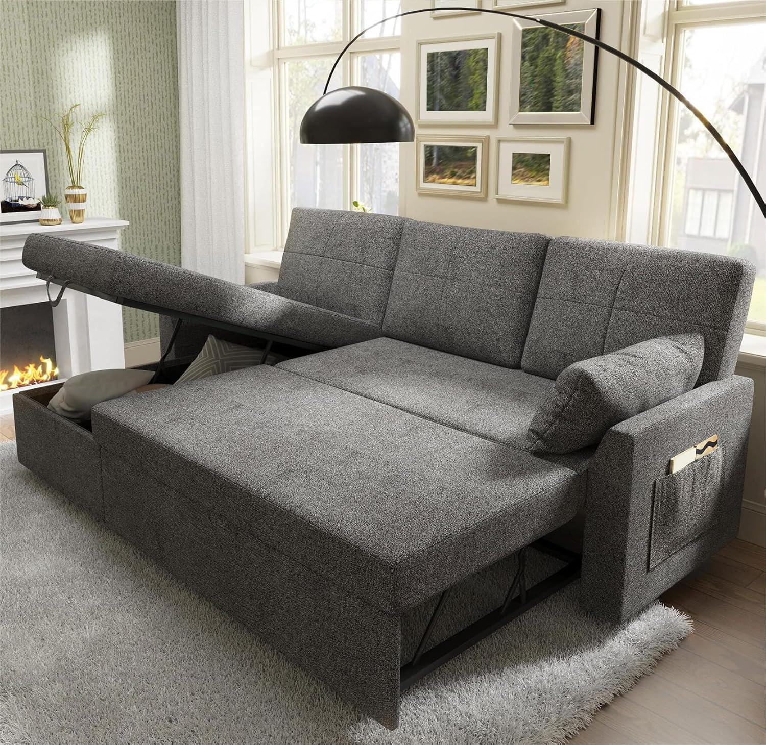 VanAcc Sofa Bed Sleeper Sofa with Storage Chaise 2 in 1 Pull Out Couch Living Room
