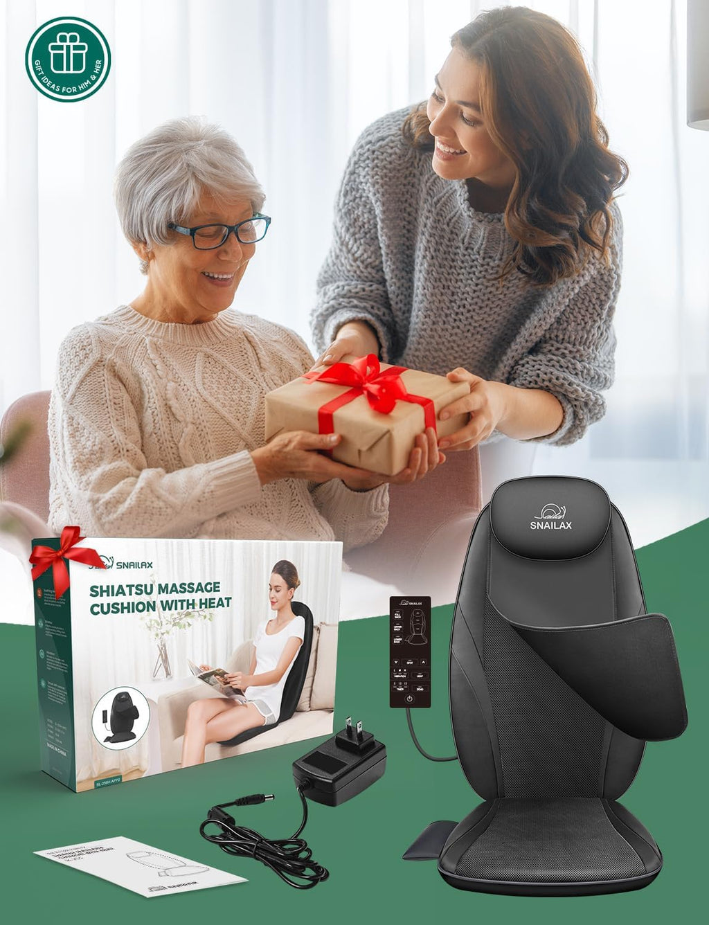 Snailax Shiatsu Massage Cushion with Heat Massage Chair Pad Kneading Back Massager for Home