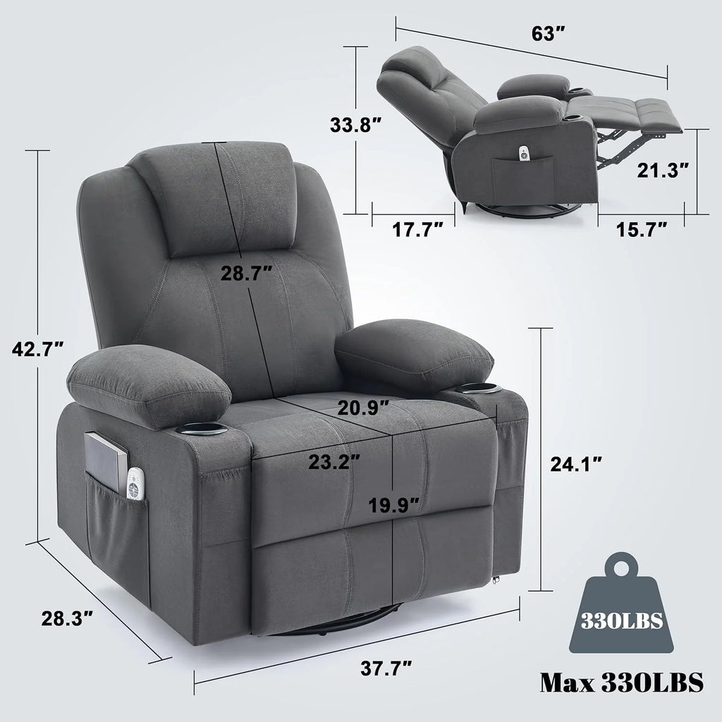 Large Swivel Rocking Recliner with Heating and Massage Function, 360 Degree Swivel Rocking Single Sofa
