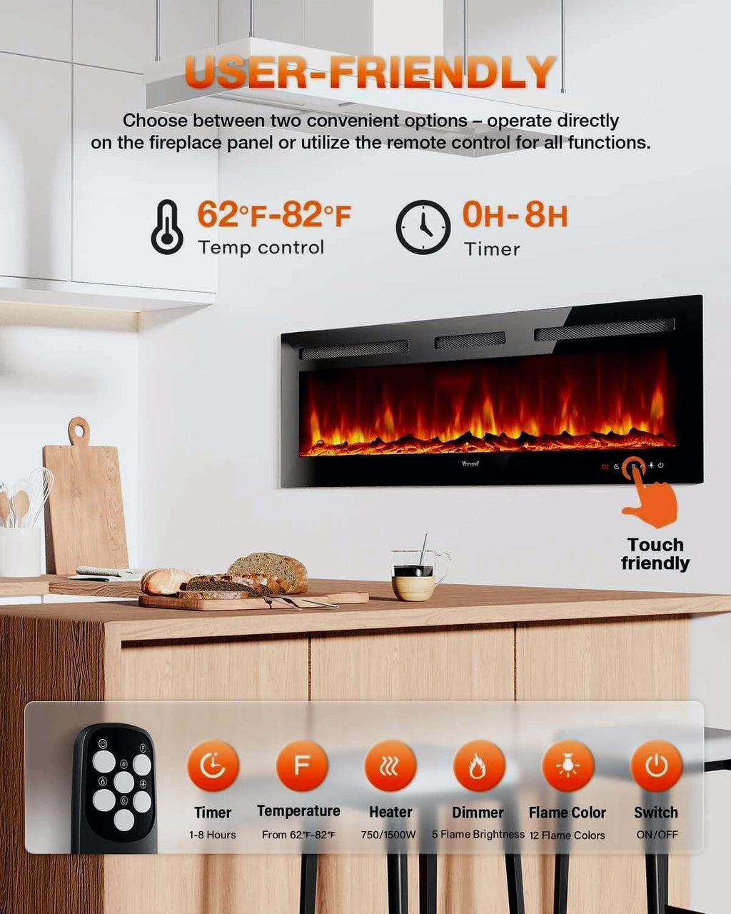Electric Fireplace 60Inch,Wall Mounted Electric Fireplace Heater with Timer Inserts��TV Stand Touch Screen and Realistic Flame,Log Set,Crystal Flames 750 to 1500W��Remote for Living Room