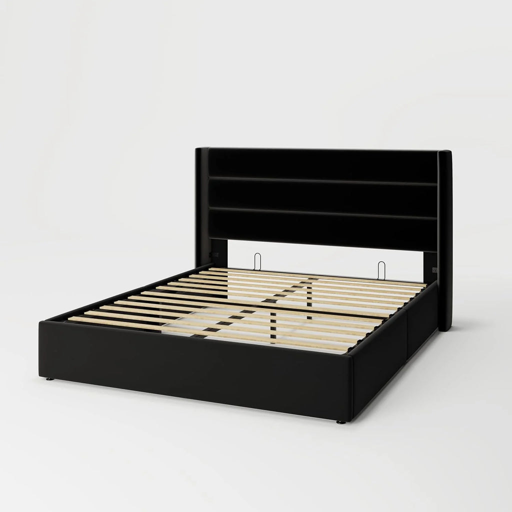 Allewie Queen Size Lift Up Storage Bed Modern Wingback Headboard Hydraulic Support