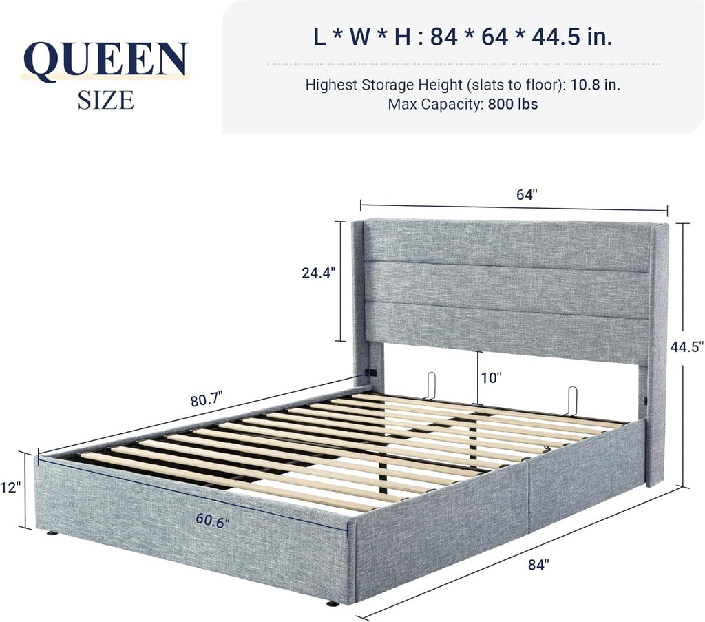 Allewie Queen Size Lift Up Storage Bed Modern Wingback Headboard Hydraulic Support