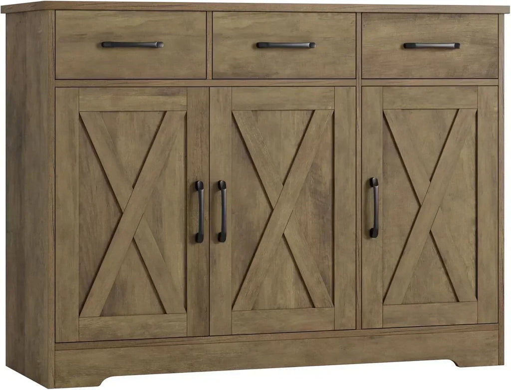 Modern farmhouse sideboard barn door buffet storage cabinet with drawers and shelves
