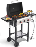 Propane gas grill with fold-out side table, cast iron grate and stainless steel skillet