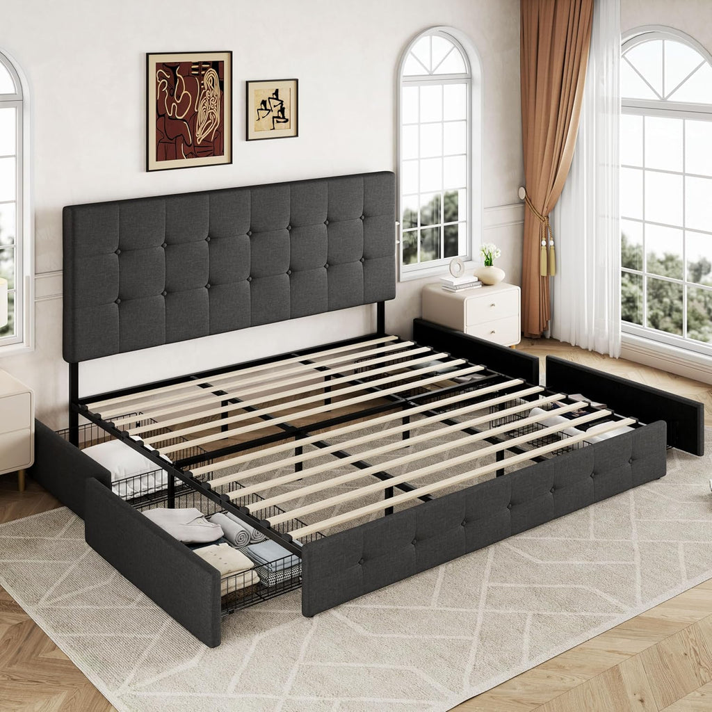 Allewie Upholstered Queen Size Platform Bed Frame with 4 Storage Drawers and Headboard