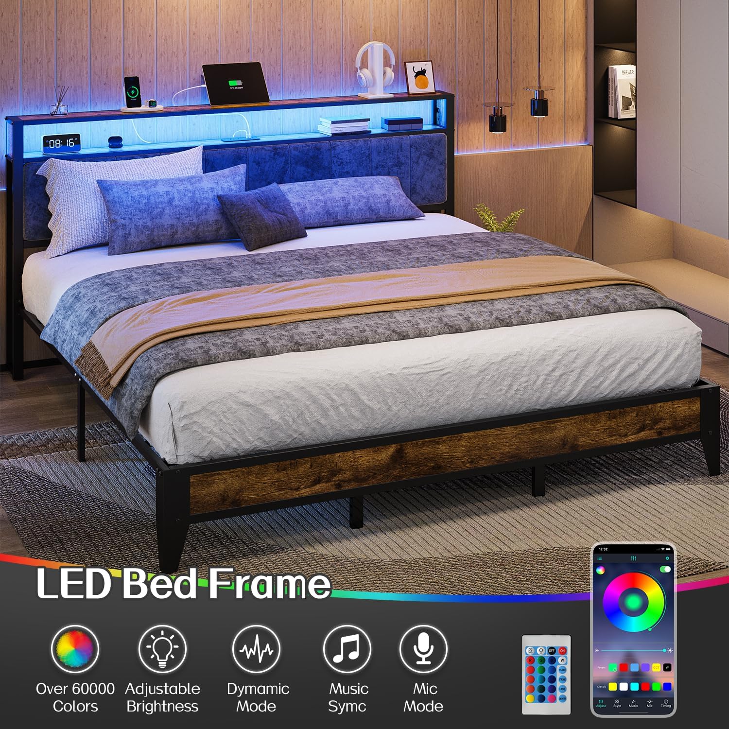 OLEVS Single Bed Frame LED Light Storage Headboard Type C Charging Station Metal Platform Bed