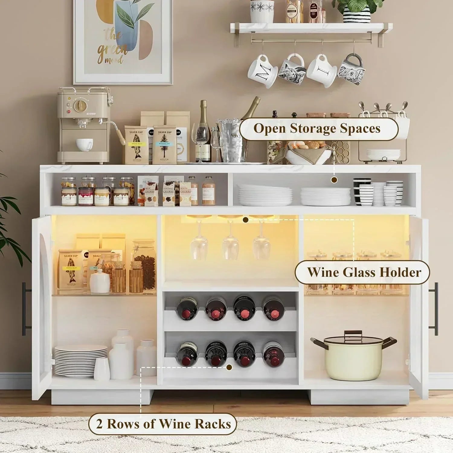 Sideboard 54-inch kitchen cabinet with LED lights and arched glass doors tall bar cabinet