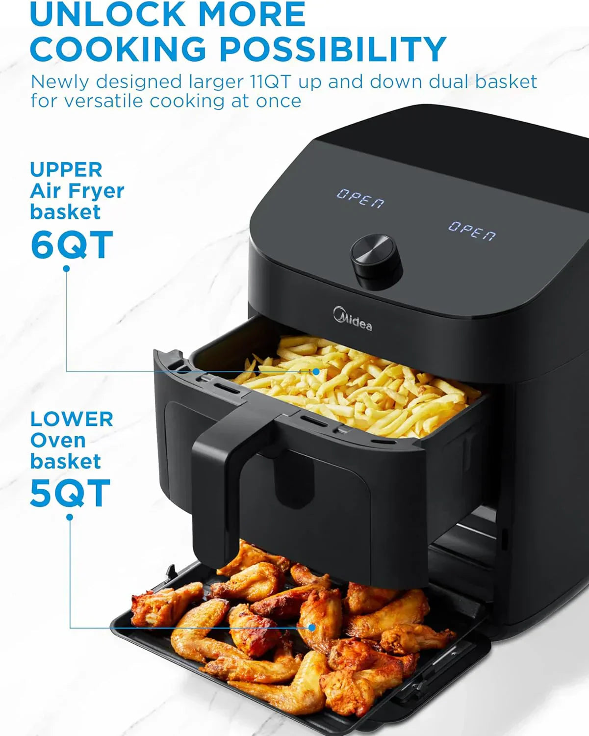 Dual Basket Air Fryer Oven 11 Quart 8 in 1 Functions Clear Window Smart Sync Finish Works