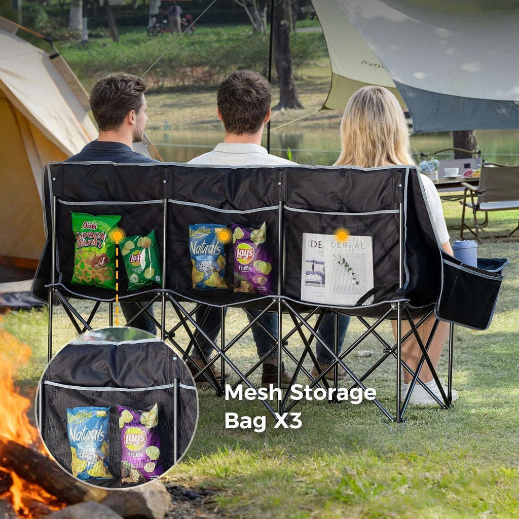 Oversized 3 Person Camping Chair Folding Padded Loveseat with Cup Holders and Carry Bag