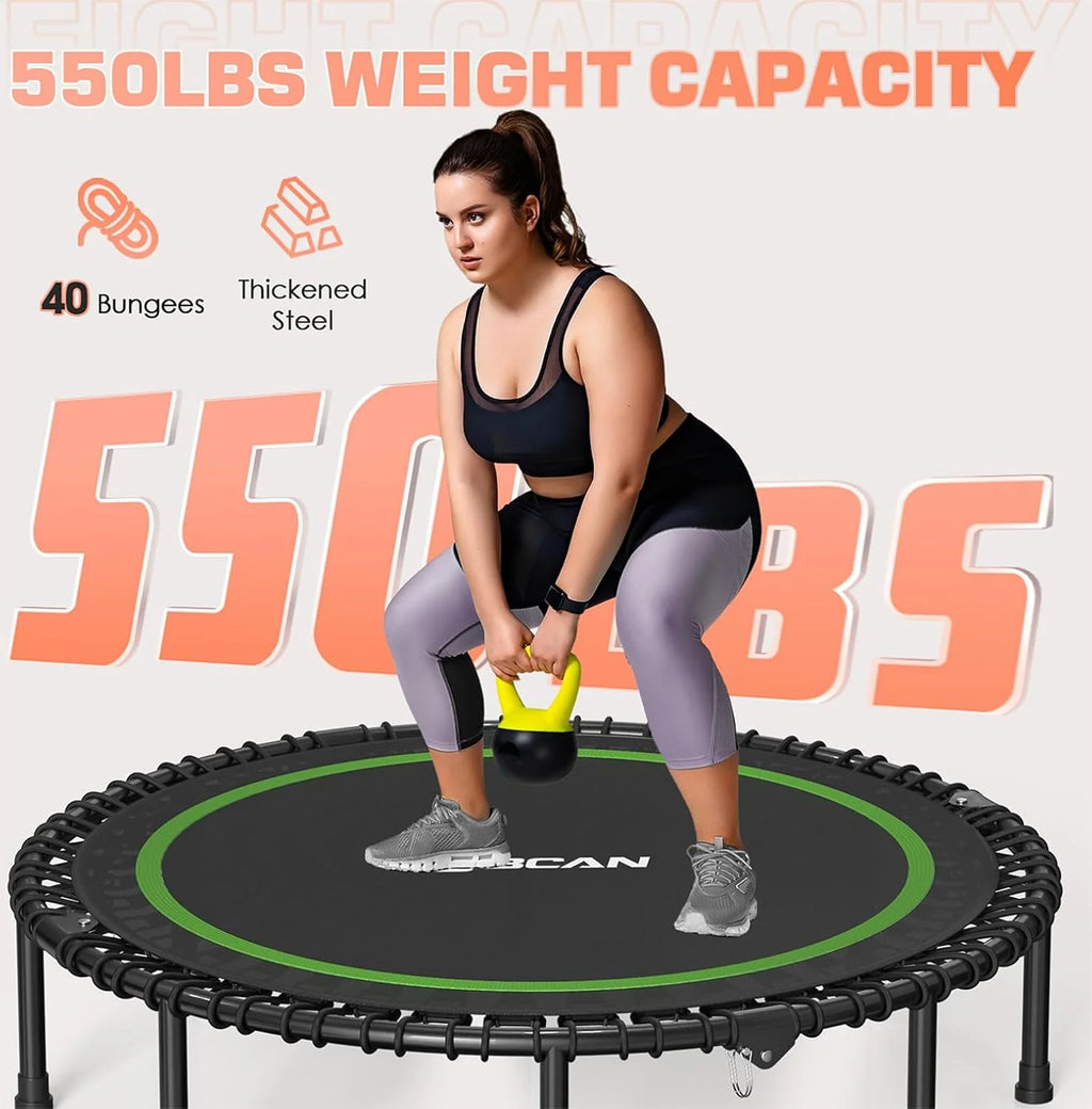 BCAN 450/550 LBS Foldable Mini Trampoline, 40/48 Fitness Trampoline with Bungees, U Shape Adjustable Foam Handle, Stable & Quiet Exercise Rebounder for Adults Indoor/Outdoor Workout
