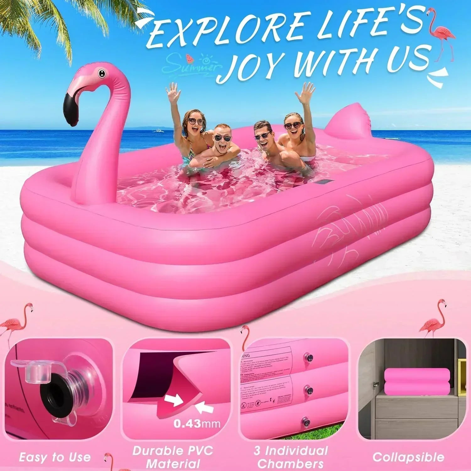 Inflatable Pool with Lights Solar Flamingo Swimming Pool for Kids Adults Inflatable Blow up Pool