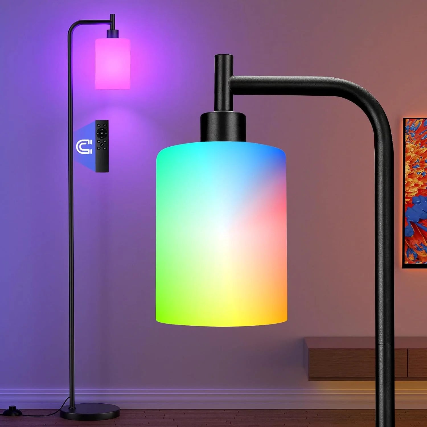 Modern Black Floor Lamp with Clear Glass Shade and LED Bulb