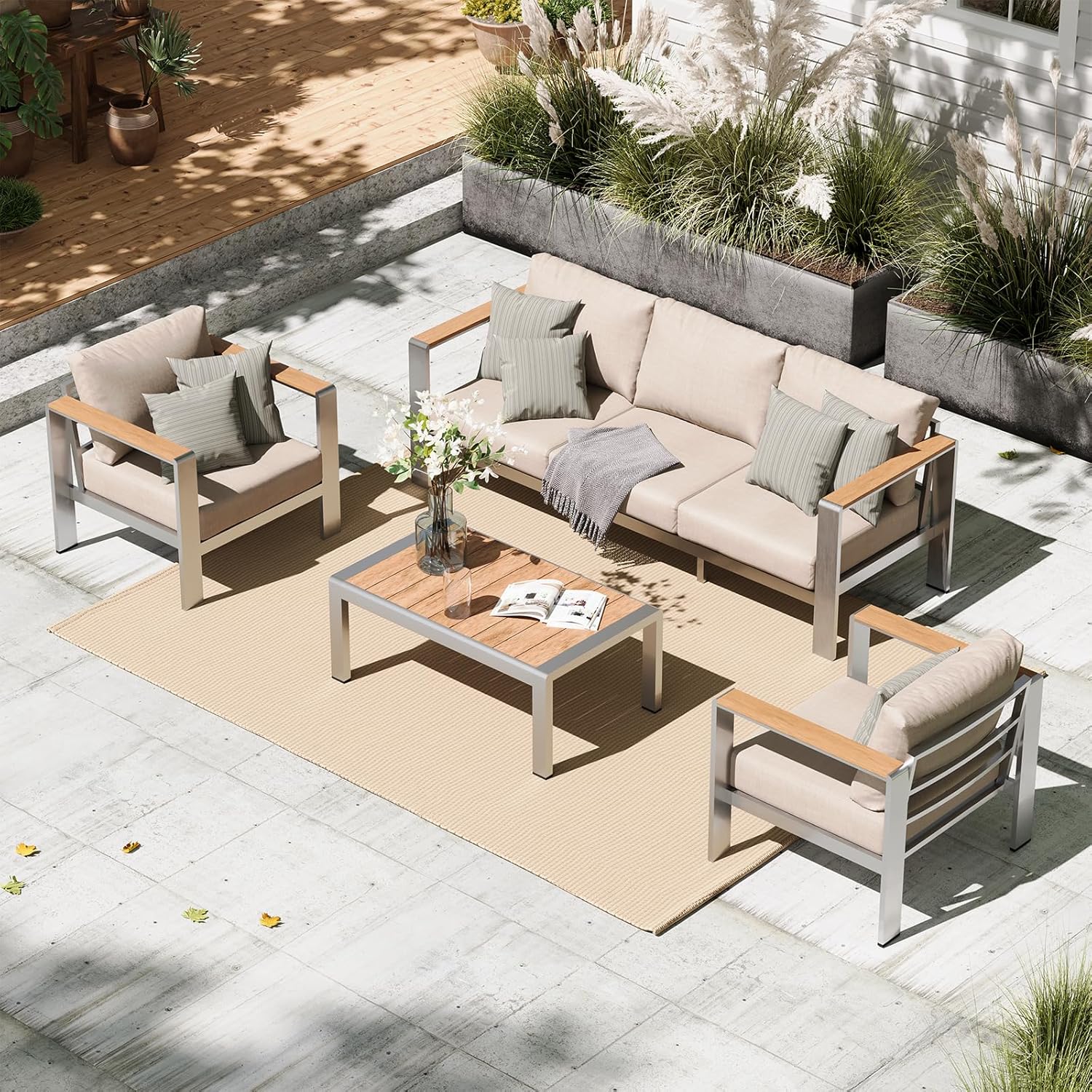 Aluminum Outdoor Patio Furniture Set with Coffee Table, 4 Piece Patio Conversation Sets with Washable Thick Cushions