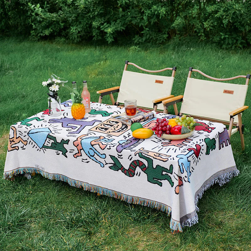 Leinen-Picknicktischdecke, amerikanische Cartoon-Outdoor-Campingmatte für Rasenpicknicks