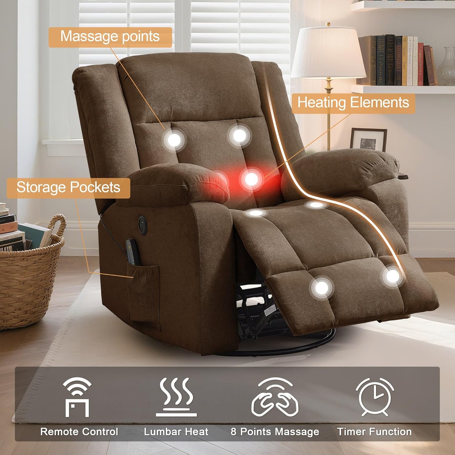Rocker Recliner, Glider Recliner Chairs for Adults, 360�� Swivel Rocking Chair with Massage and Heating, Nursery Chair