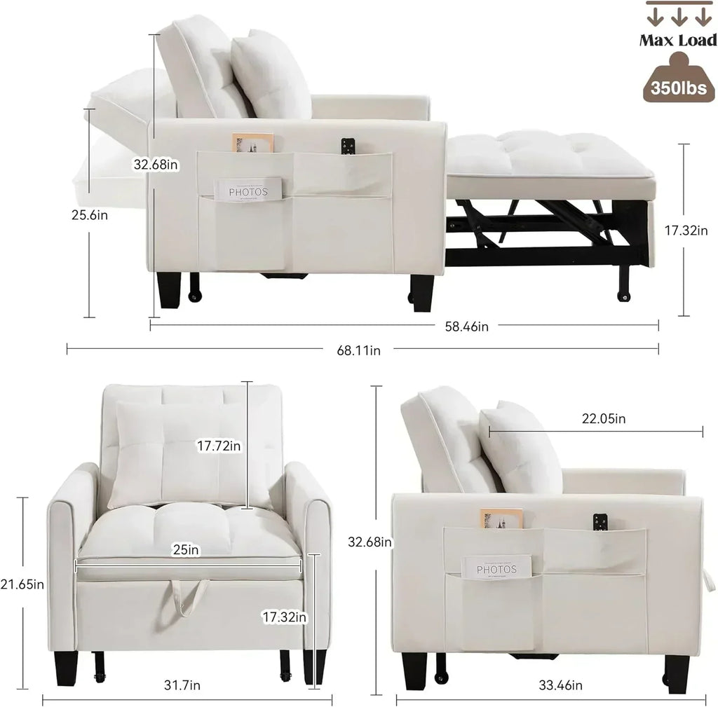Convertible Sleeper Chair 3 in 1 Sleeper Chair Bed Pull Out Sofa Bed Chairs Velvet Single Sofa