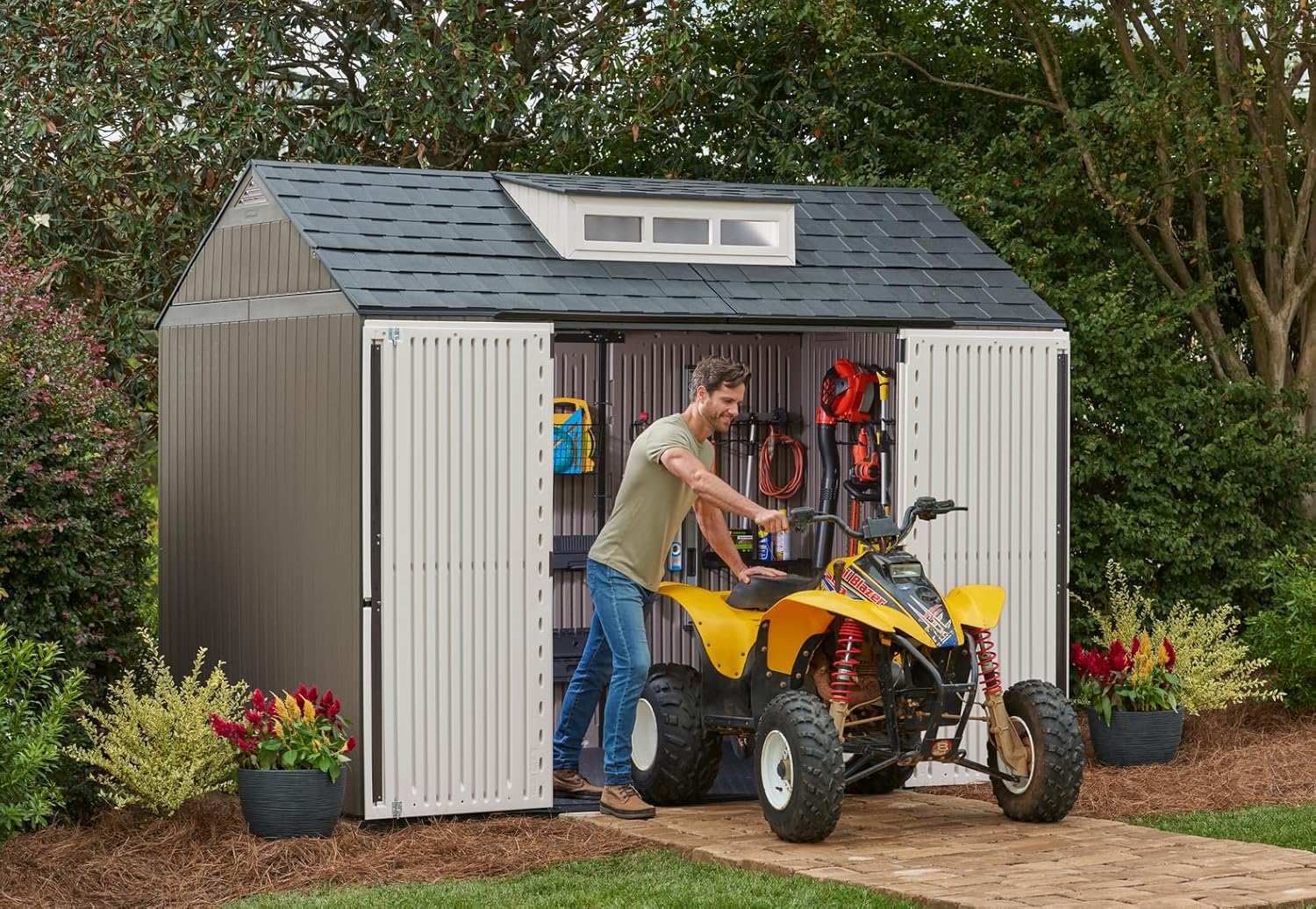 Rubbermaid Resin Outdoor Storage Shed With Floor Weather Resistant Gray Organization for Home