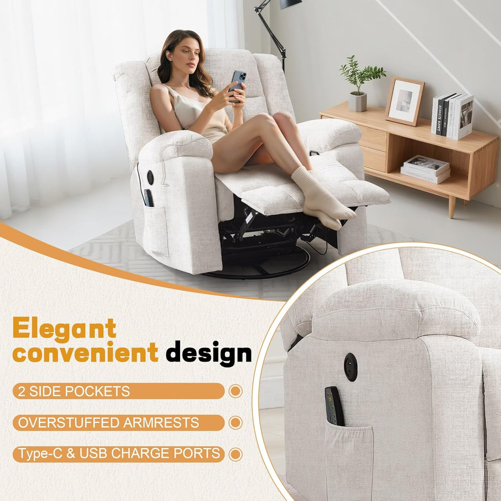 Rocker Recliner, Glider Recliner Chairs for Adults, 360�� Swivel Rocking Chair with Massage and Heating, Nursery Chair