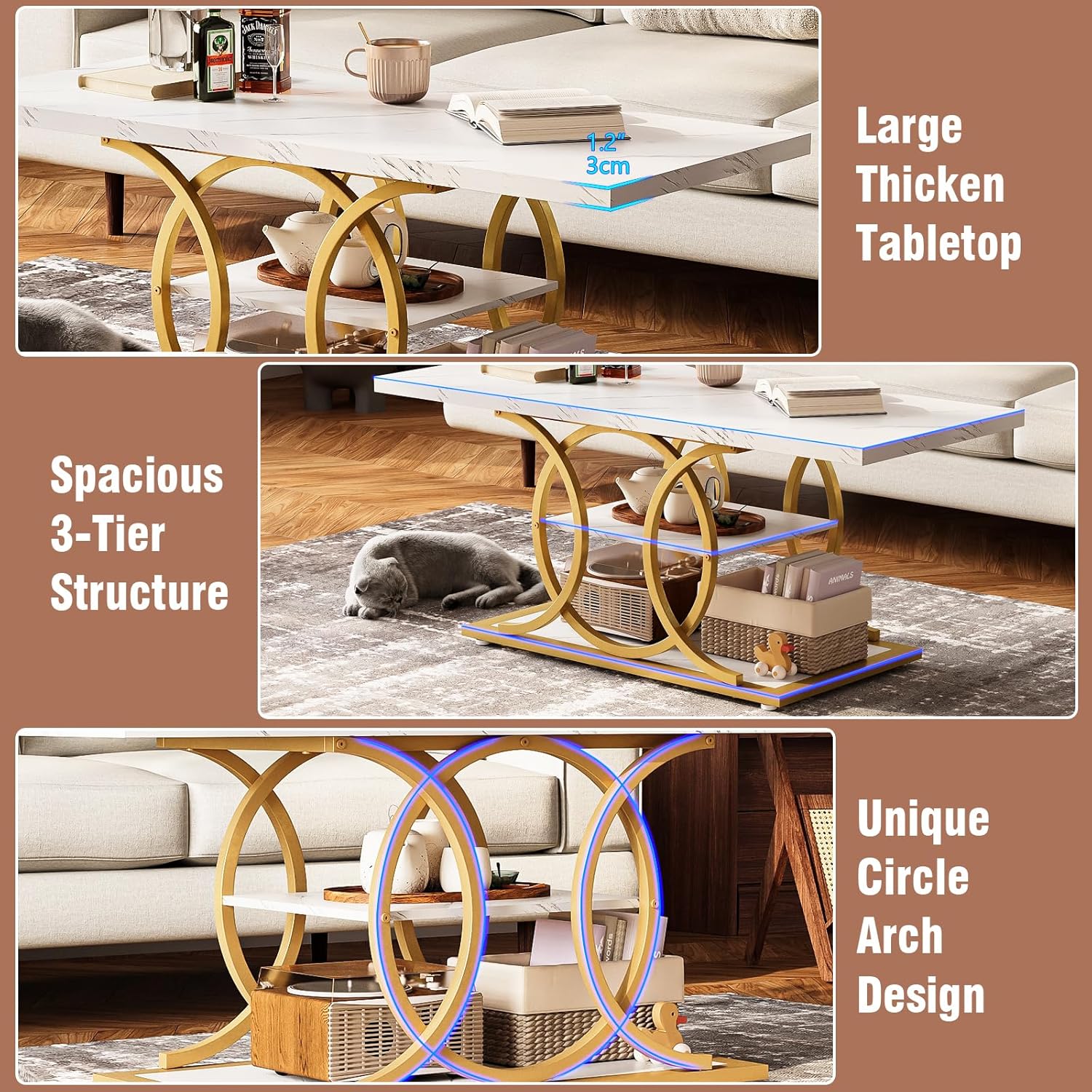 GiftGo Rustic Style Coffee Table Storage Industrial Style Three Tier Centerpiece Living Room Table