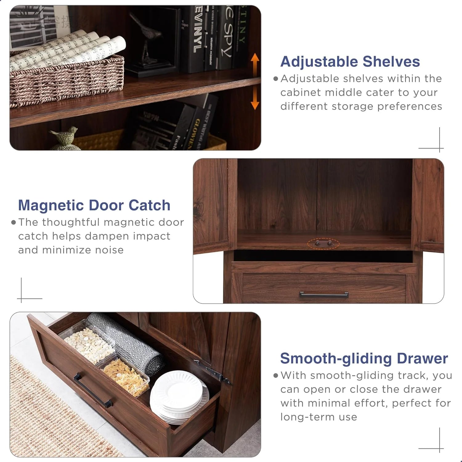 JXQTLINGMU Farmhouse Kitchen Pantry - 72 Tall Wood Kitchen Storage Cabinet with Adjustable Shelves and 2 Barn-Style Doors and Drawers