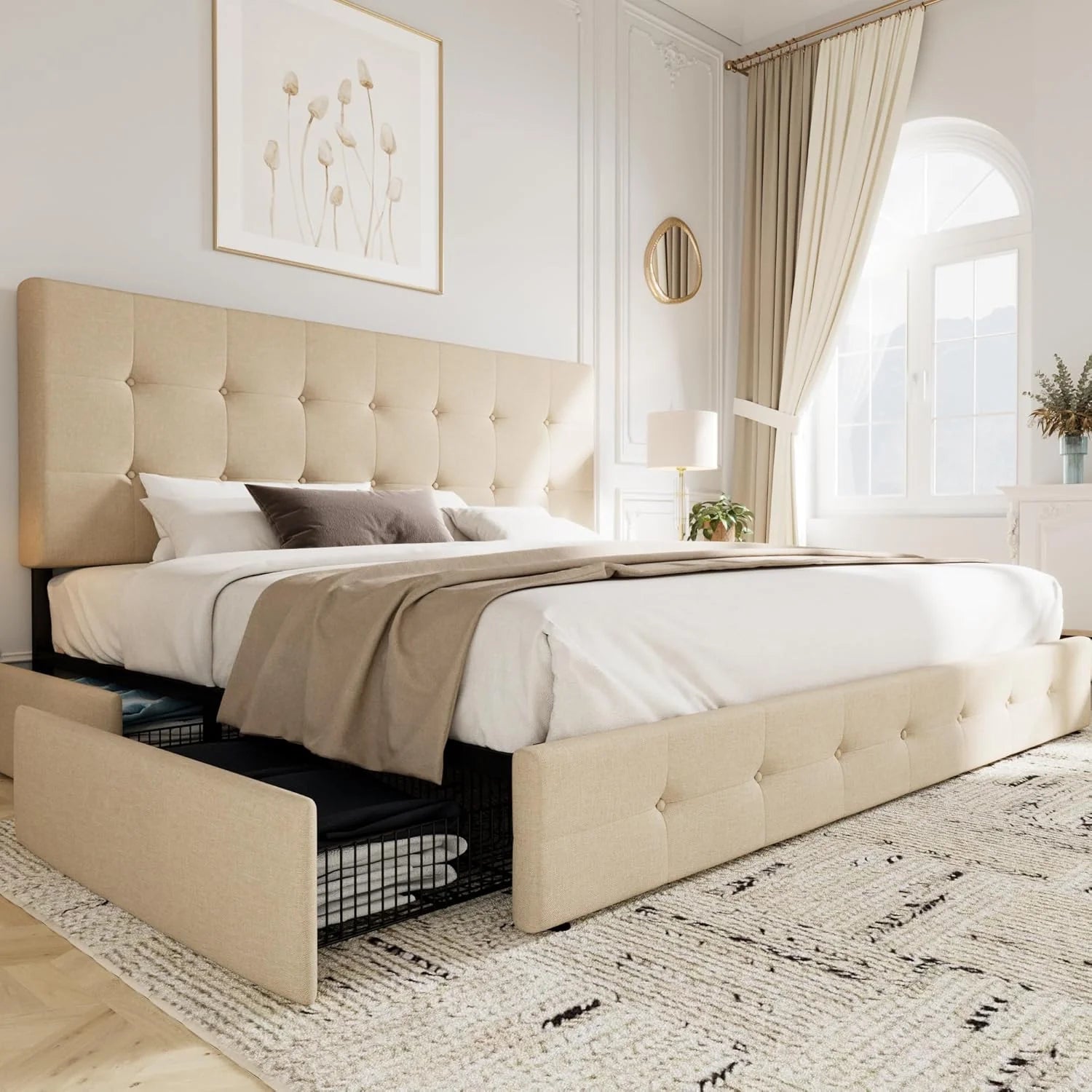 Allewie Upholstered Queen Size Platform Bed Frame with 4 Storage Drawers and Headboard