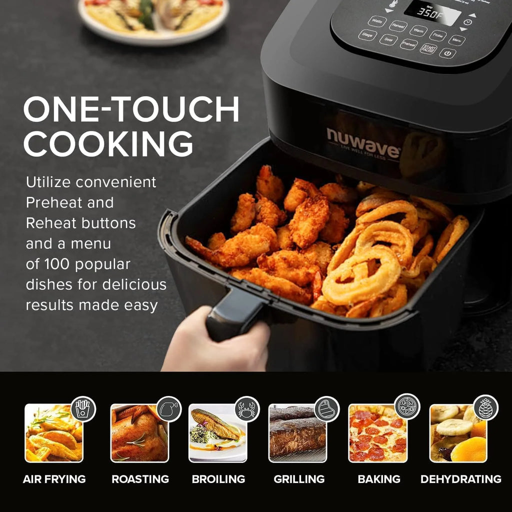 Nuwave Brio 15.5Qt Air Fryer/Oven quickly reheats, bakes, and dehydrates food with a temperature control range of 50��-425��F 1800W.