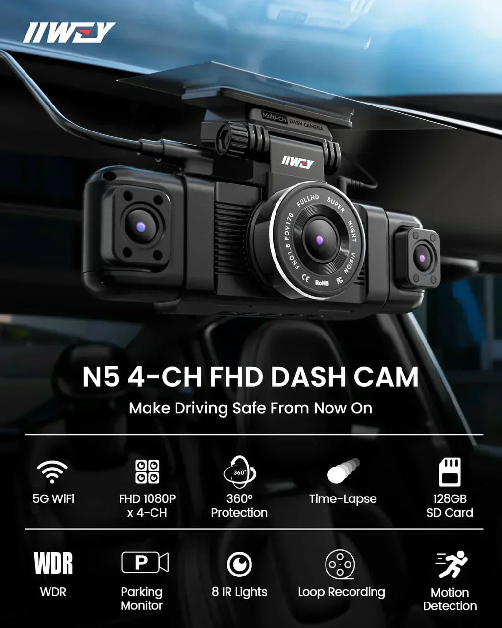 Channel Dash Cam 360° View 1080P Front and Rear Interior Car Left and Right Dash Cam