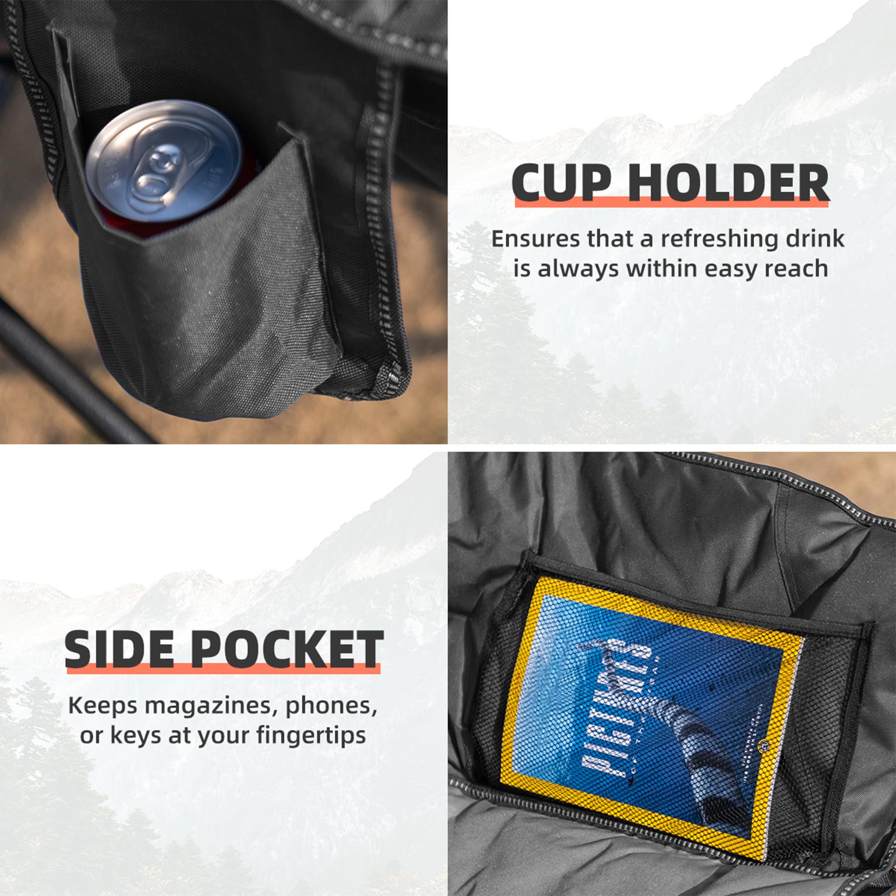 Oversized Heavy Duty Moon Saucer Camping Chair 500 lbs with Cup Holder Storage Pocket Carry Bag