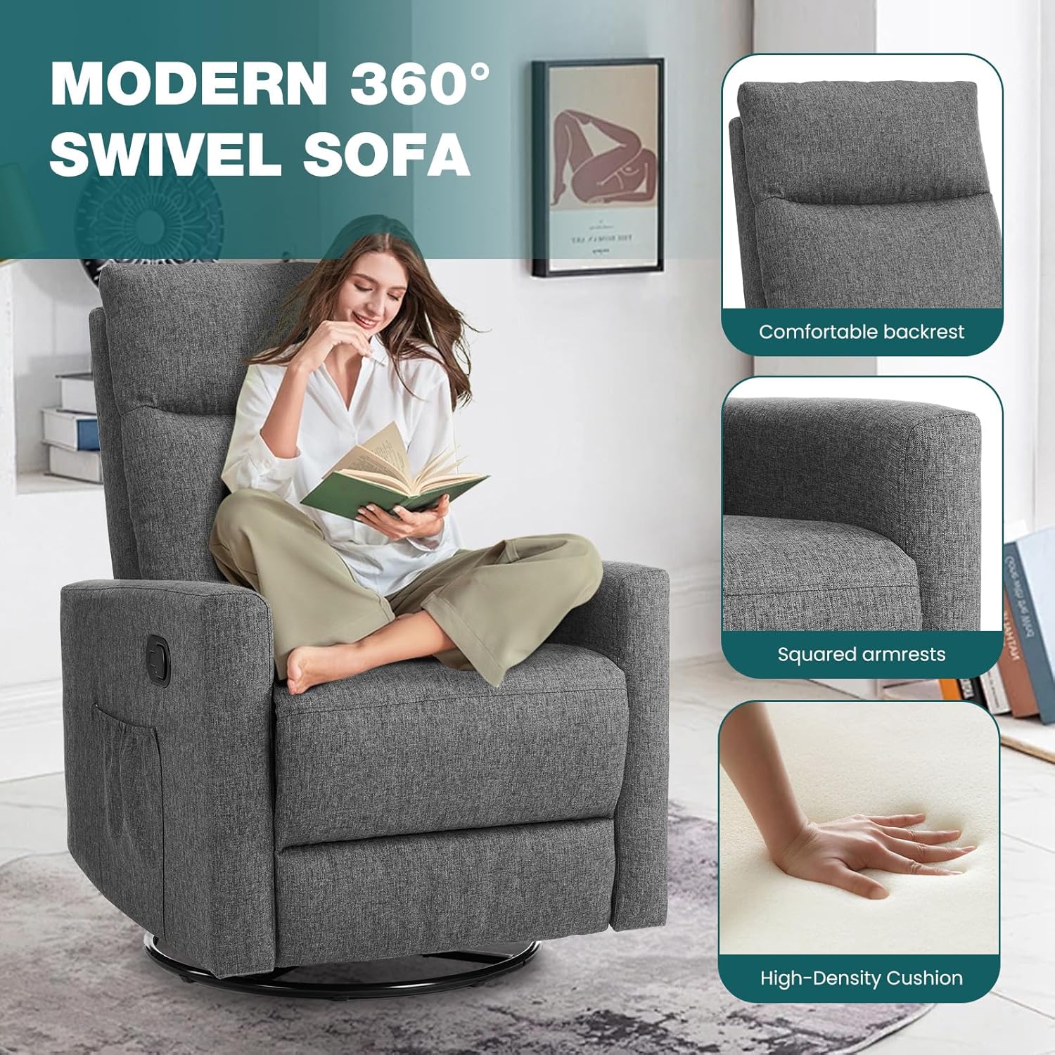 Swivel Rocking Recliner Chair with Extra Large Footrest High Back, Upholstered Glider Nursery Chair for Living Room, Bedroom & Nursery, Comfortable Deep Seat for Relaxation, Grey