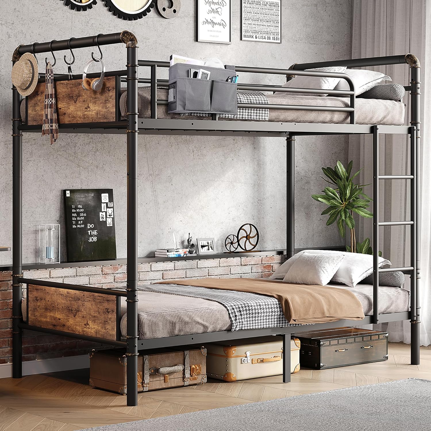 Jocoevol Metal Bunk Bed Twin Over Twin Industrial Bunkbeds Heavy Duty Bed Safety Guard Rails