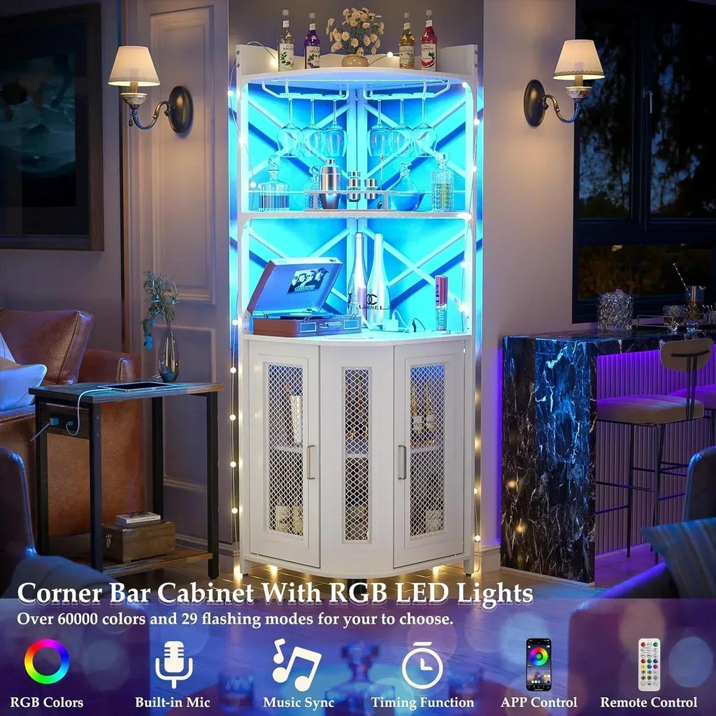 Corner bar cabinet with power socket industrial style wine cabinet light strip and glass rack