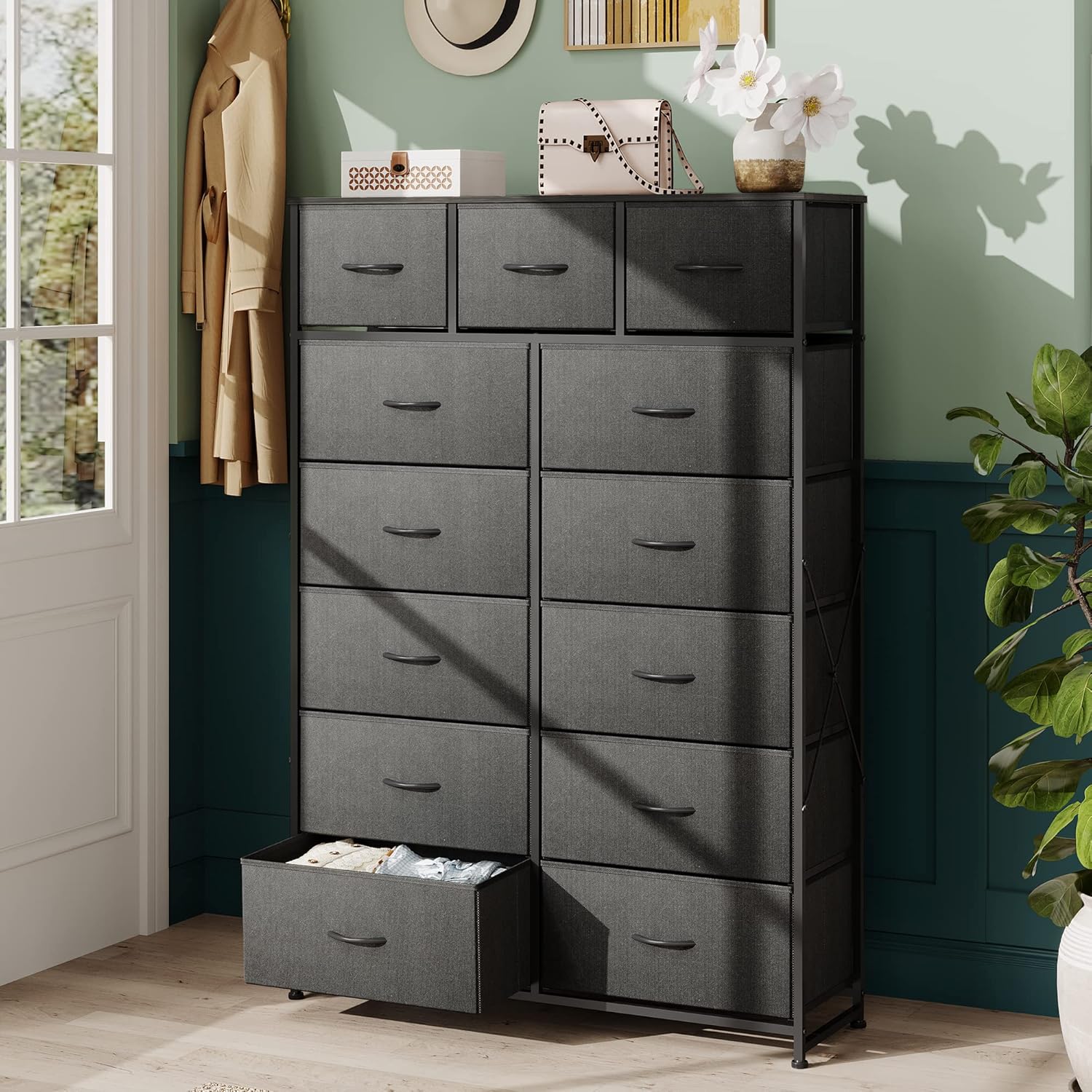 WLIVE Storage Organizer Unit with 13 Fabric Bins Storage Drawers Organizer with Steel Frame