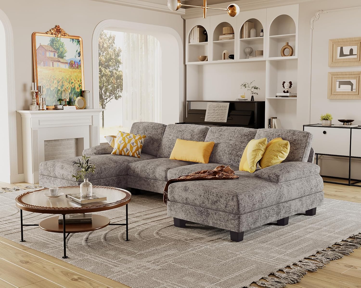 Furmax Sectional Couches for Living Room U-Shaped Sofa Couch Linen Fabric 4 Seat Sofa Set