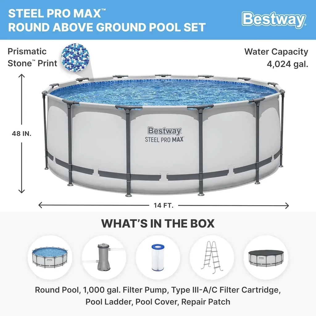 Steel Pro MAX 14 Foot x 48 Inch Round Metal Frame Above Ground Outdoor Swimming Pool Set
