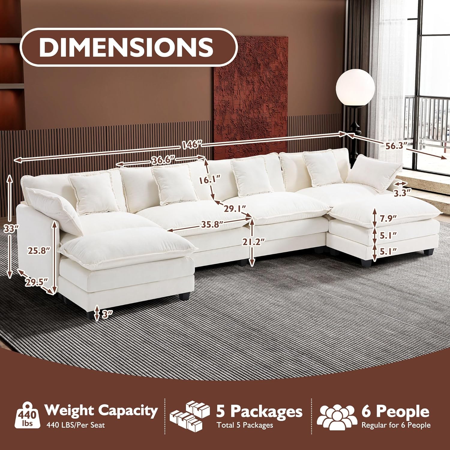 ihanherry 146-inch U-shaped modern sofa modular area cloud sofa