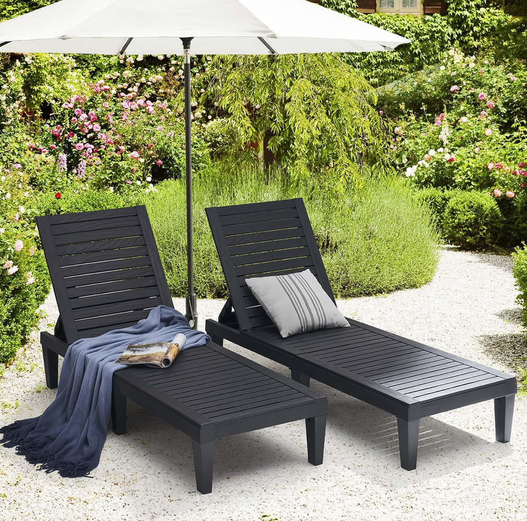 Patio Chairs - Black Chaise Lounge Chair Outdoor 5-Position Adjustable Sun Tanning Chair Waterproof Pool Lounge Chairs Set of 2 Reclining Lawn Chair, Lightweight Outdoor Lounge Chairs