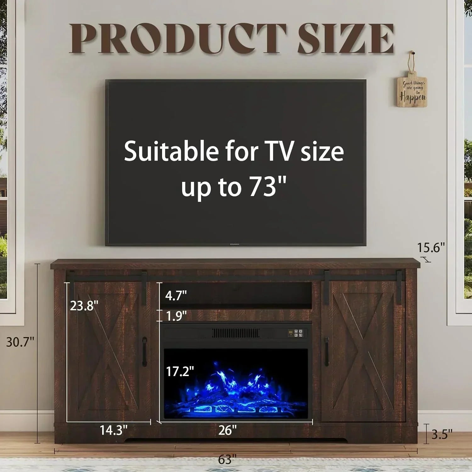 AMERLIFE Fireplace TV Stand with Sliding Barn Door  Farmhouse 63 Fireplace Entertainment Center