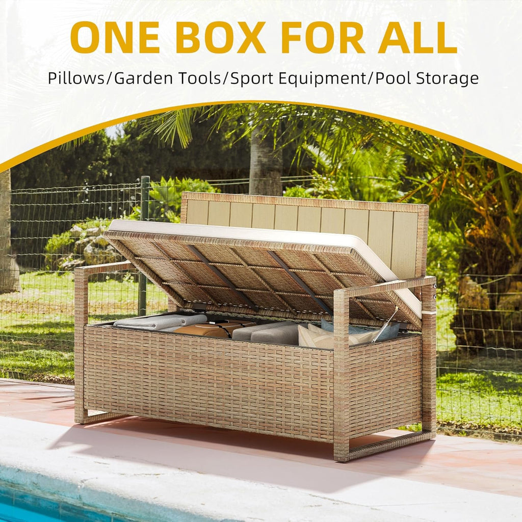 DWVO 70Gal Outdoor Storage Bench with Cushion Composite Wood Backrest Wicker Deck Bench