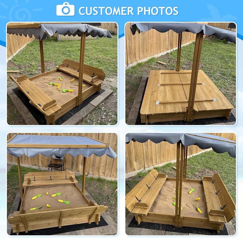Kids Sandbox with Lid Wooden Sand Box Cover Outdoor UV-Protection Natural Wood Foldable Bench Seat