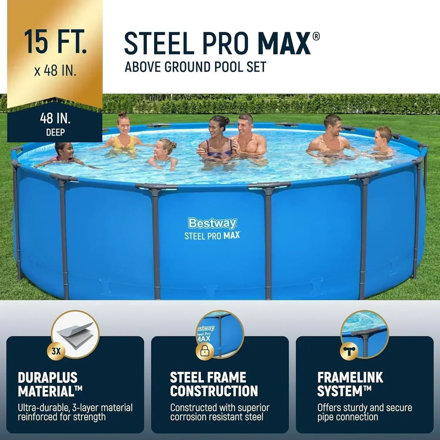Steel Pro MAX 14 Foot x 48 Inch Round Metal Frame Above Ground Outdoor Swimming Pool Set