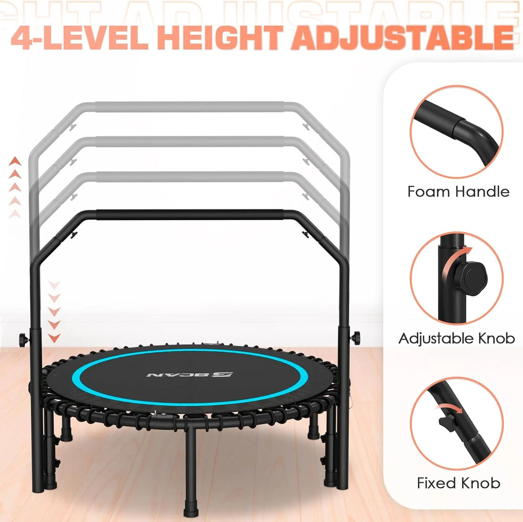 BCAN 450/550 LBS Foldable Mini Trampoline, 40/48 Fitness Trampoline with Bungees, U Shape Adjustable Foam Handle, Stable & Quiet Exercise Rebounder for Adults Indoor/Outdoor Workout