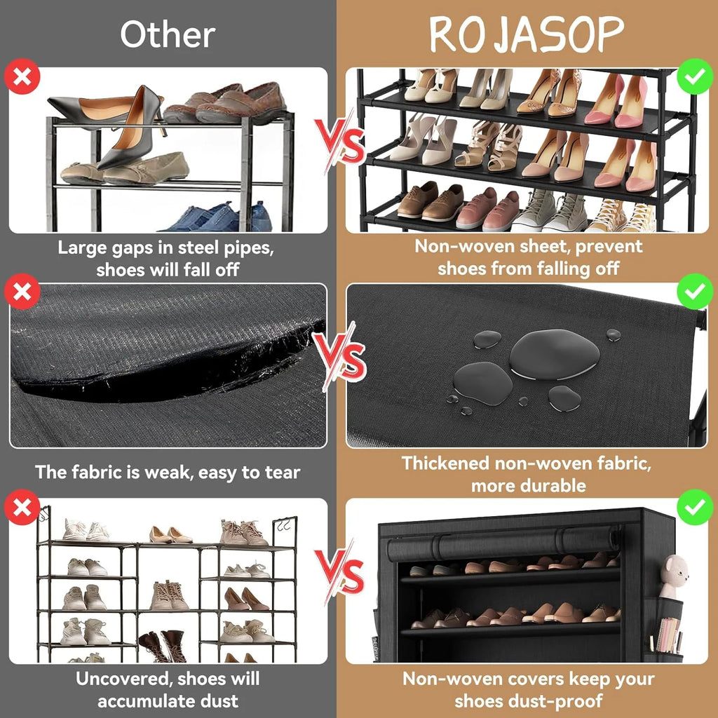 ROJASOP 10 Tier Shoe Rack with Covers Large Capacity Stackable Tall Shoe Shelf Storage
