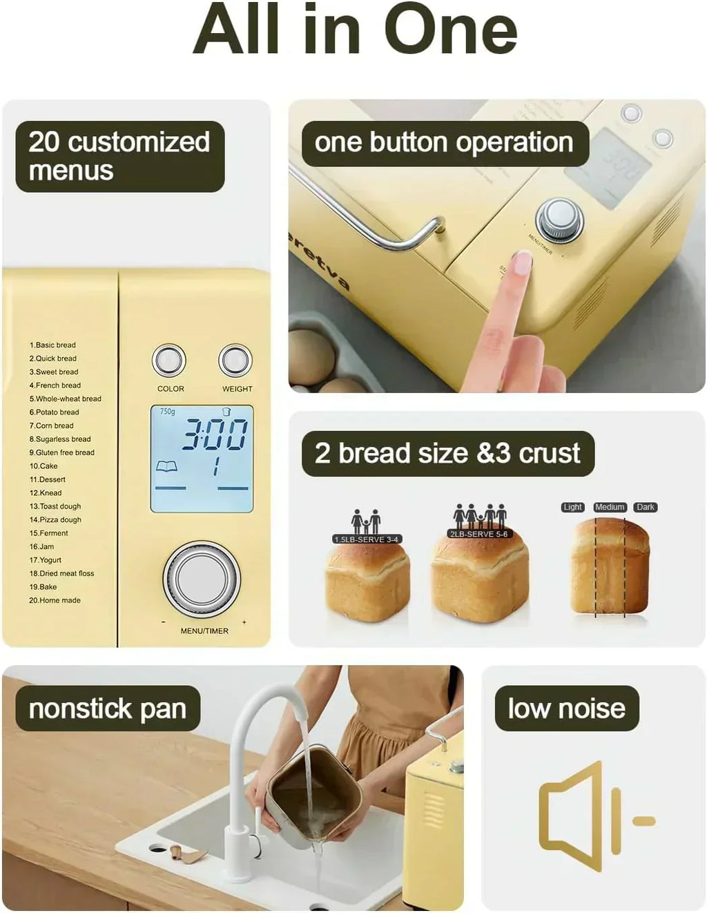 Neretva Bread Maker 20-in-1 2LB Bread Maker Dual Heater Bread Maker Automatic